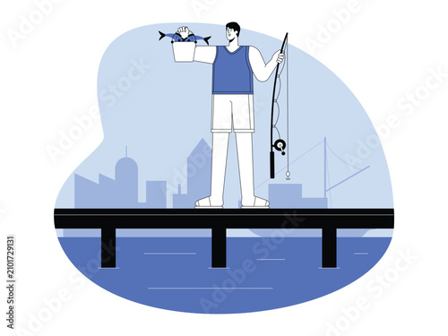 Photos A man stands on a pier holding a fishing rod in one hand and a bucket filled with caught fish in the other, with a city skyline behind him