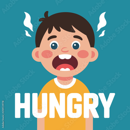 Obraz na płótnie Vector illustration of a hungry child with mouth open starving appetite
