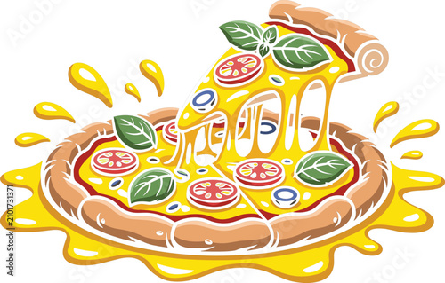 Photos Margarita pizza vector with pulled slice stretchy cheese strings basil leaves to
