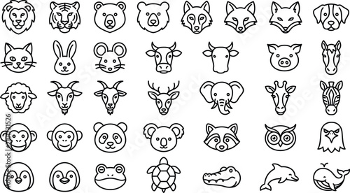 Photography Animal head line icons set featuring wild safari wildlife domestic pets farm ani