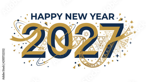 Obraz na plátně Happy New Year 2027 Celebration: A festive graphic design proclaims Happy New Year 2027 with large, stylized numerals adorned with swirling ribbons, confetti, and decorative banners