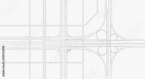 Minimalist top down view of a complex highway interchange system map illustration.