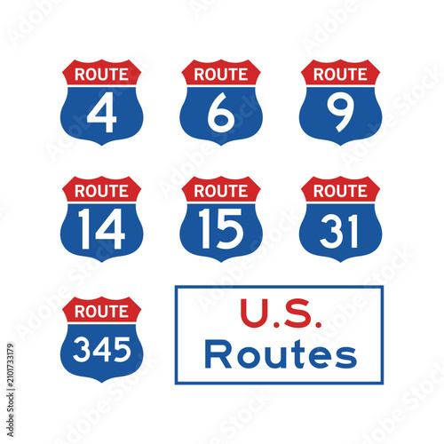 Cuadro en lienzo Set of american highway road signs with various route numbers in blue and red sh