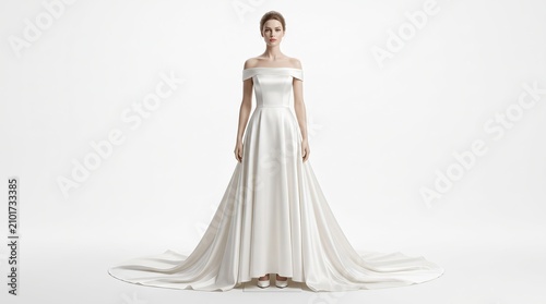 An elegant wedding dress displayed on a mannequin in a bridal studio.