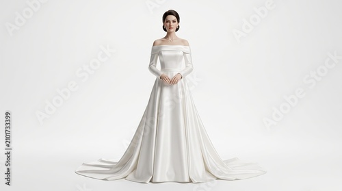 An elegant wedding dress displayed on a mannequin in a bridal studio.