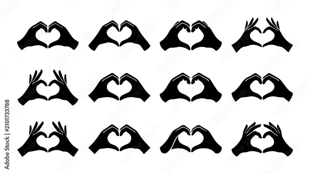 Fototapeta premium Hands forming heart icons in black outline style for UI and web design