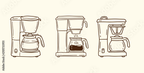 Hand Drawn Coffee Maker Machine Doodle Illustration Set Vector Collection | Vintage Line Art Coffee Brewer Icons with Drip Machine and Carafe Sketch Design