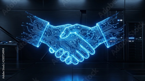 Futuristic digital handshake representing partnership and technology collaboration in a high tech environment