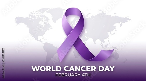 World cancer day awareness purple ribbon with global map february 4th