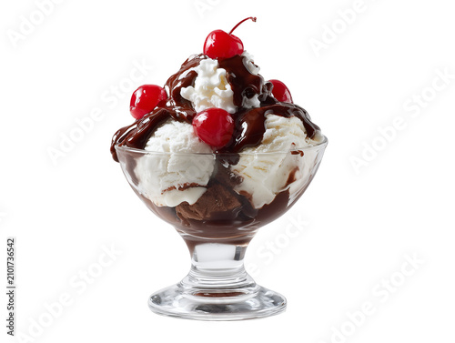 Classic ice cream sundae with vanilla and chocolate scoops, hot fudge, whipped cream, and maraschino cherries in a glass bowl.