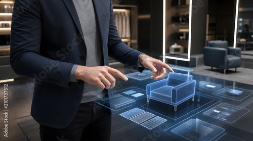 Man interacting with furniture hologram in modern digital showroom