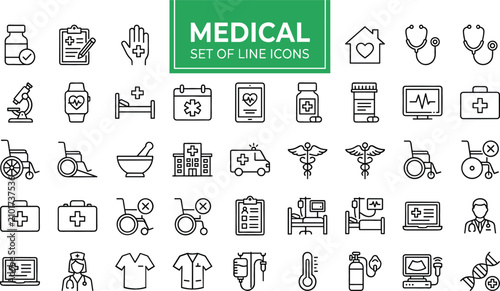 Fotografía Medical and Healthcare Line Vector Icon Mega Set Featuring Hospital Ambulance Do