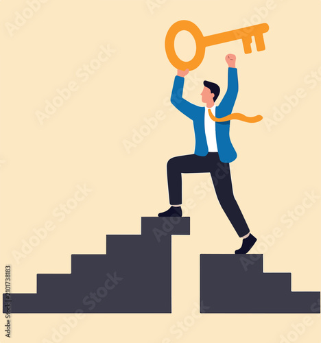 Key to business success, stairway to find secret key or achieve career target concept, businessman winner walk up to top of stairway lifting golden success key to the sky