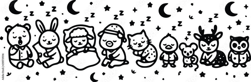 Naklejka premium A black and white vector illustration featuring various cute sleepy animals including a bear rabbit sheep cat and owl