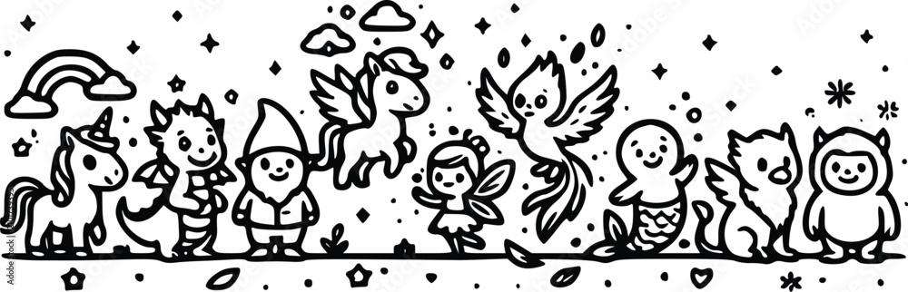 Fototapeta premium A whimsical black and white vector illustration featuring various cute mythical creatures like unicorns dragons gnomes fairies and phoenixes arranged horizontally.
