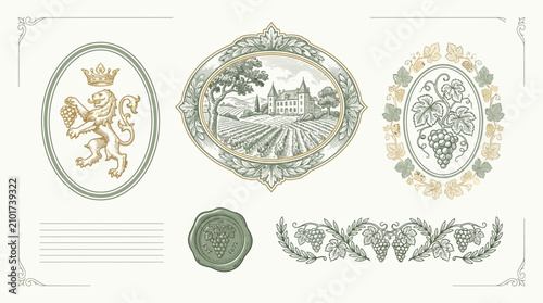 Vintage Vineyard Emblem Set: Lion Crest, Chateau Landscape, Grapes, Seal