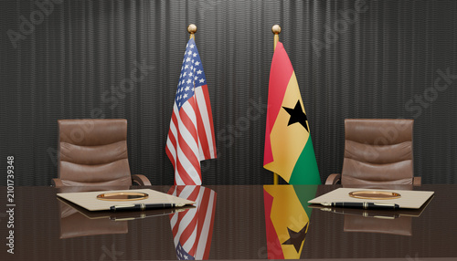 Quadro su tela Diplomatic Encounter: An empty conference room set for a formal meeting between the United States and Ghana, symbolized by their respective flags and seating arrangement