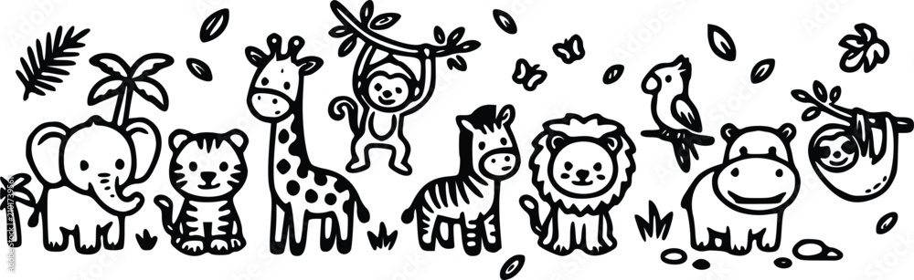 Obraz premium Black and white vector illustration featuring cute cartoon jungle animals like elephants giraffes monkeys lions and zebras in style.