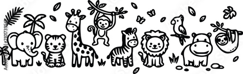Canvas Print Black and white vector illustration featuring cute cartoon jungle animals like elephants giraffes monkeys lions and zebras in style