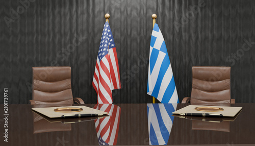 Bild auf Leinwand International Diplomatic Meeting: Two flags, the American and Greek, stand tall behind empty chairs at a polished table, symbolizing an upcoming diplomatic or business negotiation