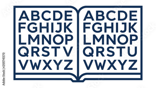 Photos Alphabet Book Graphic: A stylized open book displays the English alphabet in bold blue capital letters on both pages, symbolizing knowledge and learning