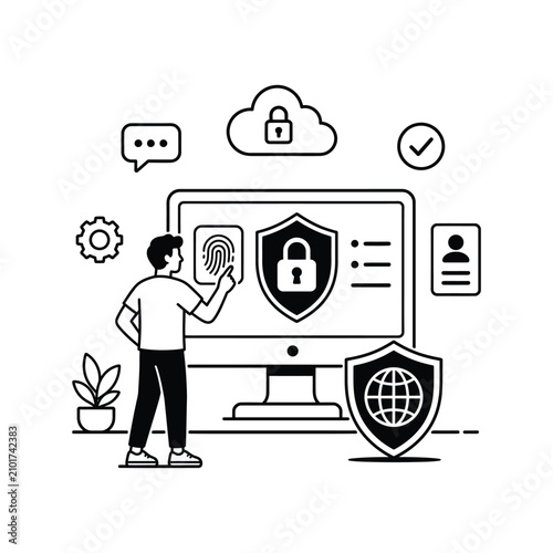 фотографія Cybersecurity concept man accessing computer with fingerprint security shield and cloud icons