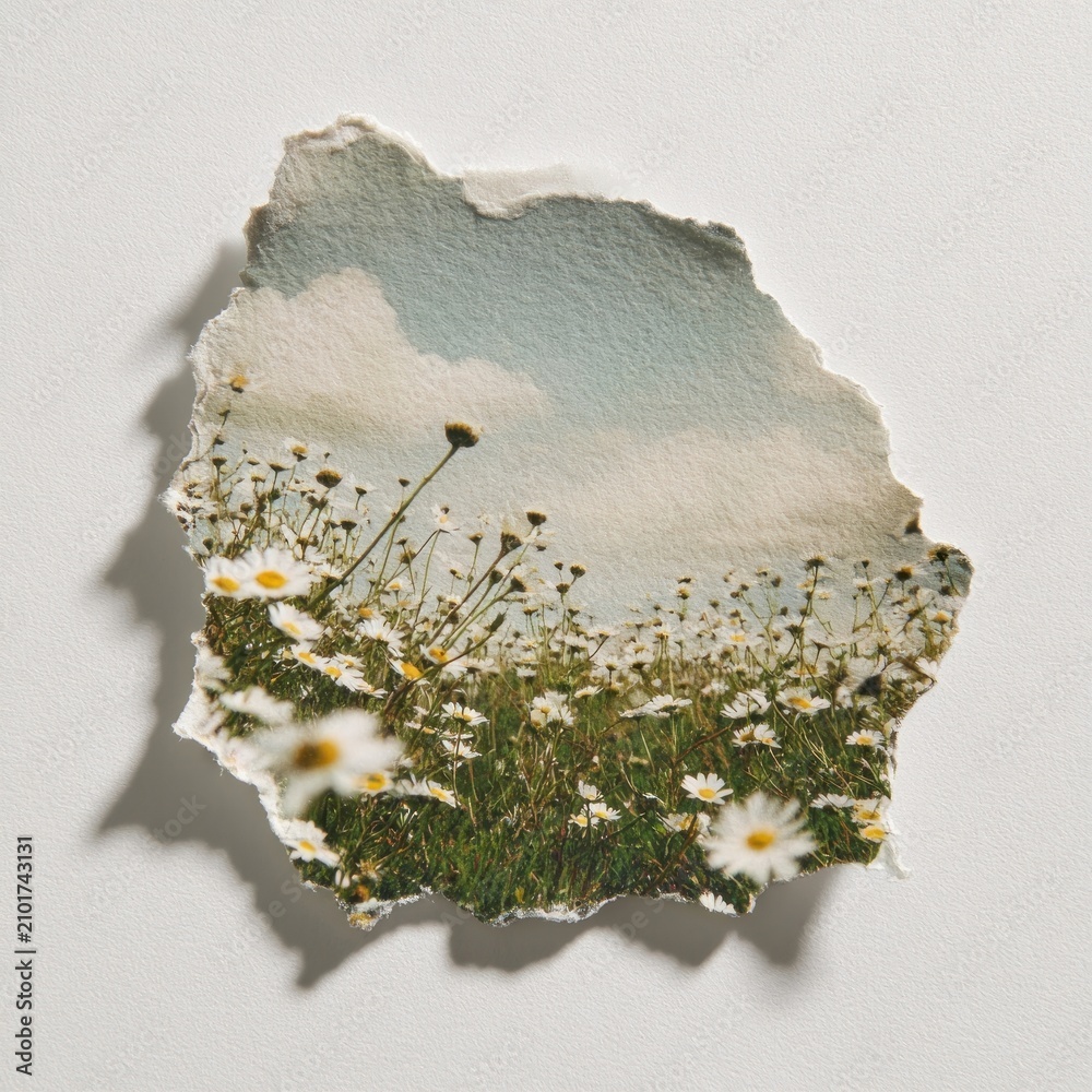 Obraz premium Torn paper reveals blooming daisies.