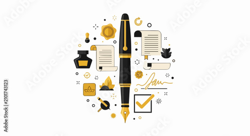 Elegant Flat Vector Illustration of a Fountain Pen and Legal Documents Set in Circular Composition - Gold and Black Icons