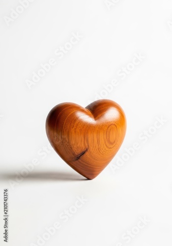 A single elegant wooden heart rests on a clean white background, symbolizing gratitude, value, and heartfelt thanks in a simple still life, grain, warm, craft
