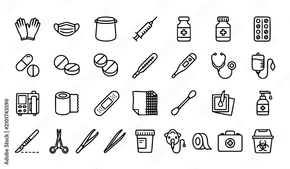 Naklejka premium Medical Supplies Outline Icon Set with Healthcare Equipment Editable Stroke Vector Collection