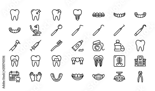 Canvas Print Dental Care and Dentistry Outline Icon Set with Teeth Treatment Clinic Tools Edi