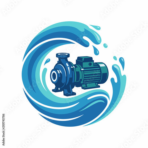 This image features an industrial pump encircled by stylized waves, symbolizing the crucial role of water management systems in both nature and industry.