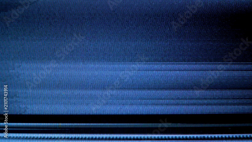 Canvastavla Blue TV noise and VHS glitch texture on black background, analog static interference with distorted scan lines and retro signal error effect for video, cyberpunk design, poster or digital overlay