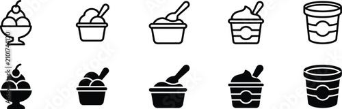 Sweet cold desserts line and fill icon set. including ice cream sundae bowl with cherry, gelato cups with spoons, frozen yogurt, and pint tub container vector illustration.