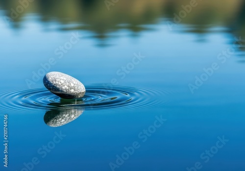 Small smooth stone skips across the glassy surface of a calm blue lake, creating a series of concentric circular ripples in the water, peaceful, summer, rock
