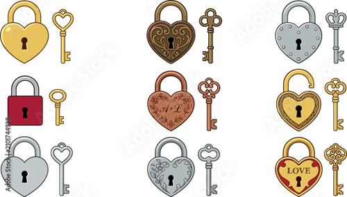 Vintage Heart Padlock and Skeleton Key Vector Element Set with Ornate Filigree Patterns and Metallic Engravings for Romantic Love and Wedding Designs