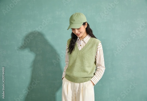 Young woman in green cap and sweater standing against teal background with shadow