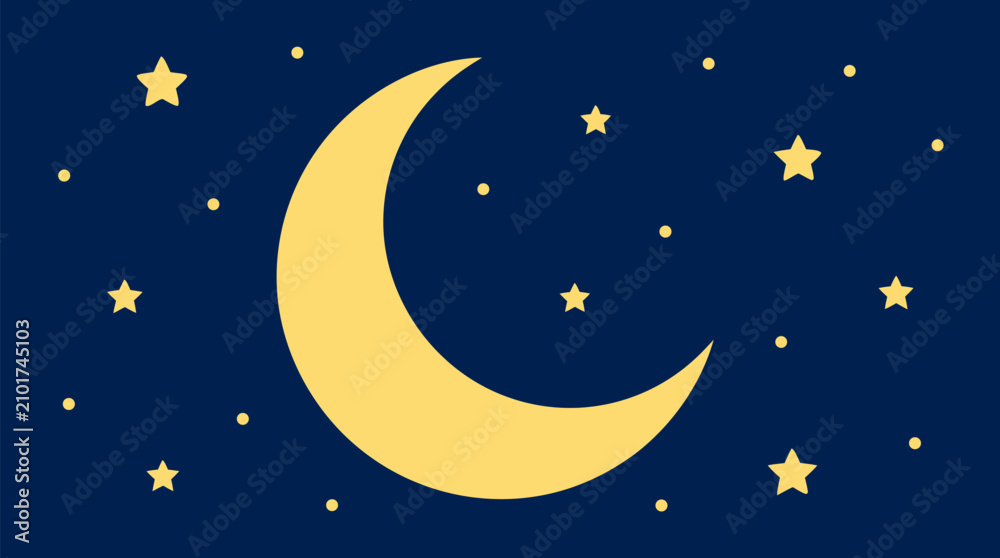 Fototapeta premium Soft yellow crescent moon surrounded by small stars on deep navy night sky, dreamy celestial vector illustration for nursery art, bedtime stories, Ramadan, magic, and peaceful sleep themes