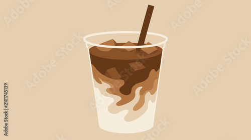 Creamy vector illustration of iced coffee in a clear plastic cup with straw, layered milk swirl, ice cubes and rich espresso on warm beige background, modern cafe drink design refreshment