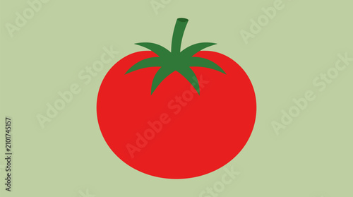 Glossy red tomato vector icon with green leafy stem on light sage background, simple fresh vegetable illustration for grocery labels, farm markets, recipes and healthy food branding