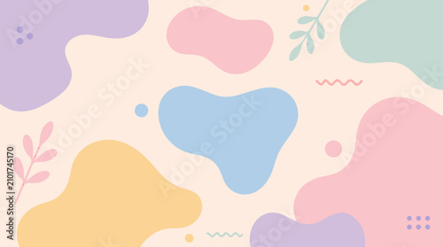 Playful pastel abstract pattern with soft liquid blob shapes, tiny leaves, dots and wavy accents on warm cream background, cheerful vector design for nursery, packaging, covers and branding