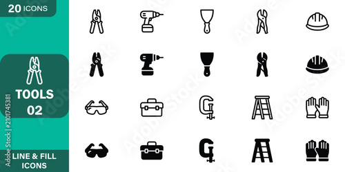 Photos Construction and hardware tools line and fill icon set