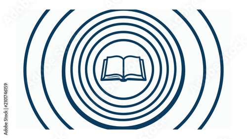 Foto Information Broadcast: An open book at the center of concentric circles, symbolizing the widespread dissemination of knowledge and ideas