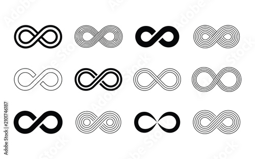 Infinity symbols. Set of infinity icons. Symbols of endless, unlimited, eternal. Vector illustration with transparent background