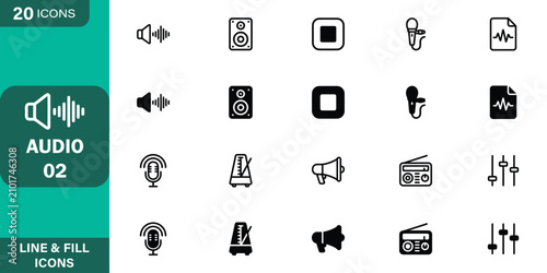 Schilderij op canvas Audio and sound editing line and fill icon set including speaker wave, studio monitor, stop button, microphone, audio file, metronome, megaphone, radio, and equalizer fader vector illustration