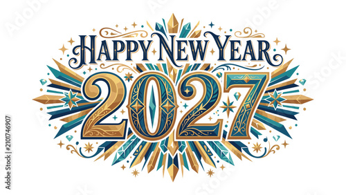 Cuadro en lienzo Happy New Year 2027 Text: A stylized typographic design proclaiming Happy New Year 2027 adorned with festive bursts and decorative elements, exuding a celebratory and auspicious tone