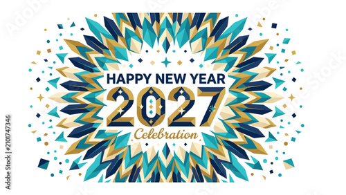 Foto Happy New Year 2027: A vibrant abstract design with bold geometric shapes and shimmering accents announces the arrival of the New Year 2027, symbolizing celebration and new beginnings
