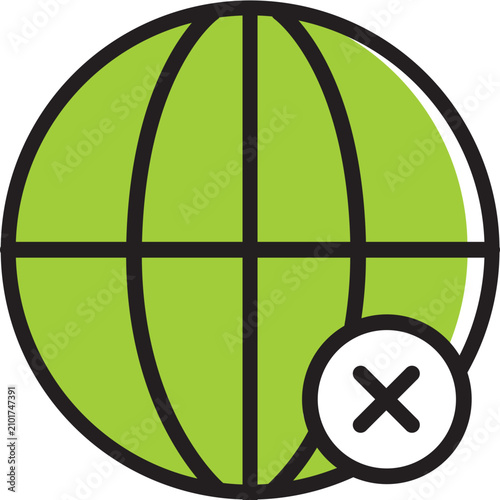 Obraz na plátně Stylized green globe icon with a white circle and black 'X' indicating a global network error or disconnection