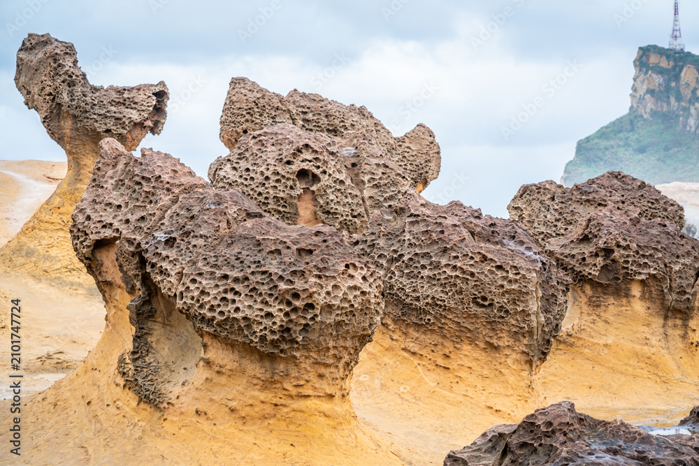 Fototapeta premium Scenic close-up view of hoodoo stones rock formation in Yehliu geopark in New Taipei Taiwan