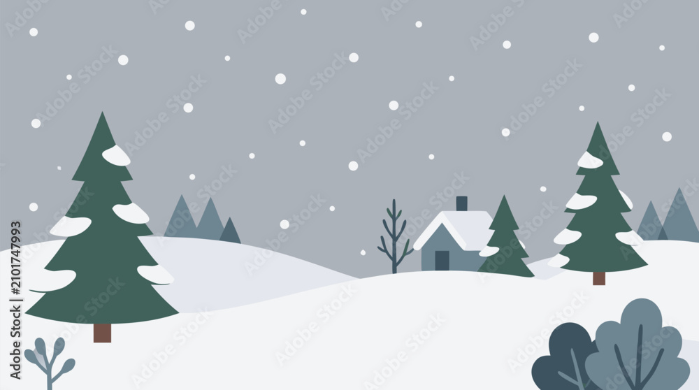 Fototapeta premium Peaceful winter village landscape vector with snow covered hills, falling flakes, pine trees and cozy cottage under gray sky, serene seasonal scene for holiday cards and travel art